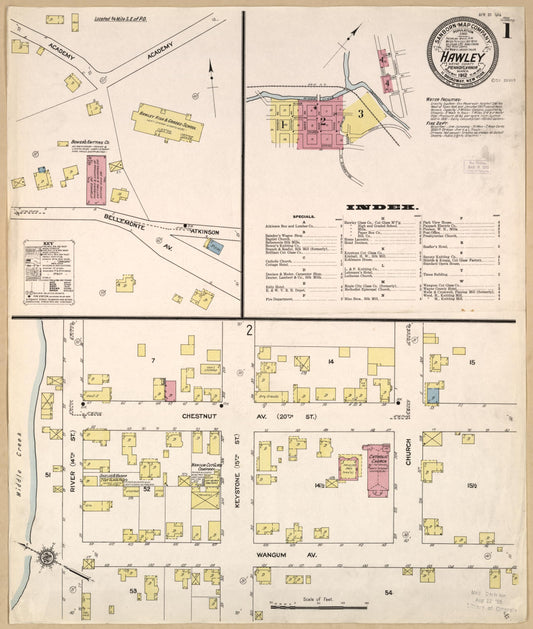 Sanborn Fire Insurance Map from Hawley, Wayne County, Pennsylvania (1912), Sheet #0001 - Historic Sanborn Fire Insurance Map Print, vintage old map wall art, antique decor, genealogy gift, Pennsylvania Pennsylvania map