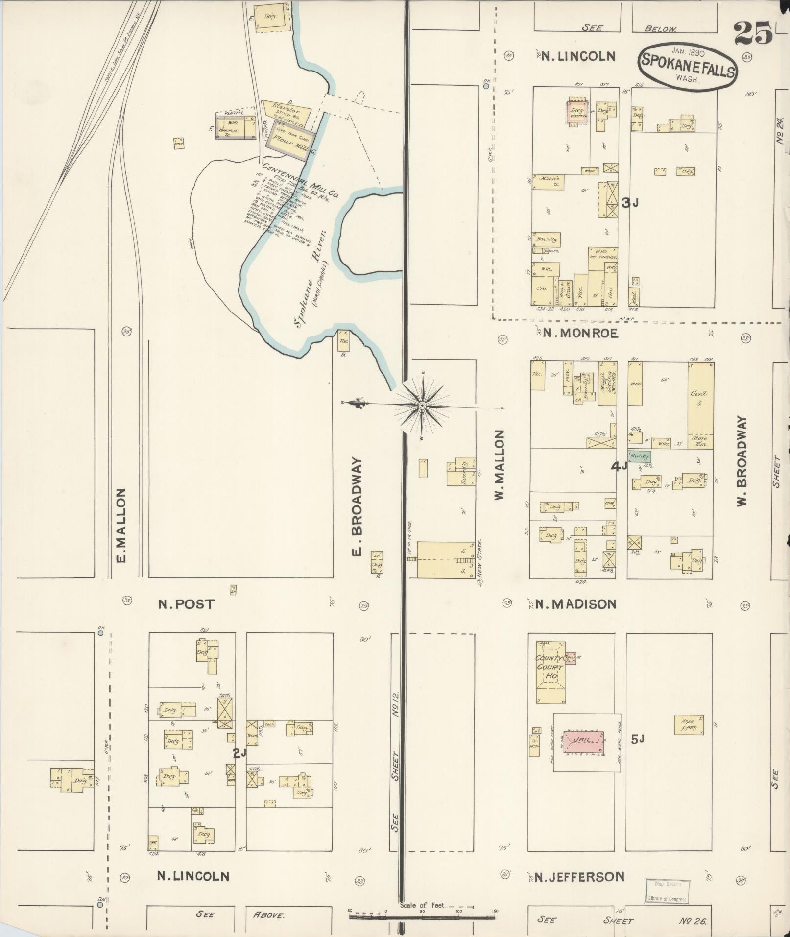 Sanborn Fire Insurance Map from Spokane, Spokane County, Washington (1890), Sheet #0025 - Historic Sanborn Fire Insurance Map Print, vintage old map wall art, antique decor, genealogy gift, Washington Washington map