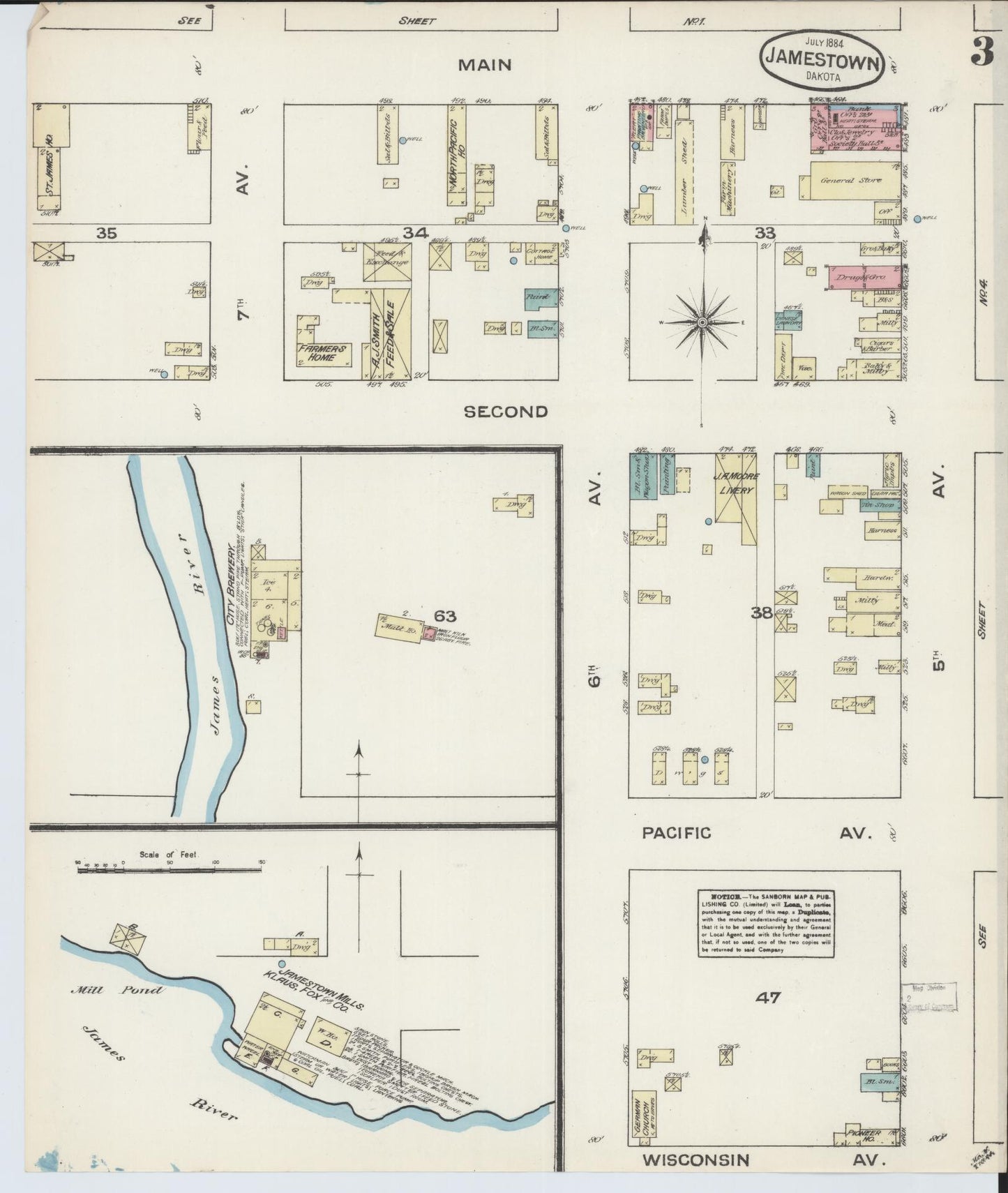 Sanborn Fire Insurance Map from Jamestown, Stutsman County, North Dakota (1884), Sheet #0003 - Historic Sanborn Fire Insurance Map Print, vintage old map wall art, antique decor, genealogy gift, North Dakota North Dakota map