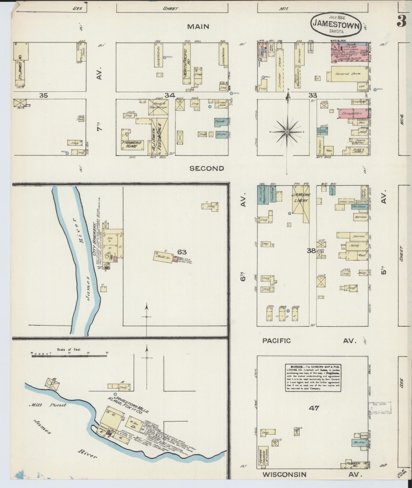 Sanborn Fire Insurance Map from Jamestown, Stutsman County, North Dakota (1884), Sheet #0003 - Historic Sanborn Fire Insurance Map Print, vintage old map wall art, antique decor, genealogy gift, North Dakota North Dakota map