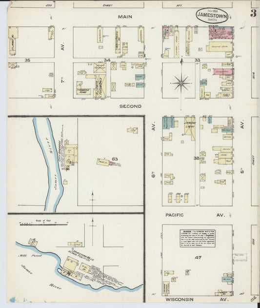 Sanborn Fire Insurance Map from Jamestown, Stutsman County, North Dakota (1884), Sheet #0003 - Historic Sanborn Fire Insurance Map Print, vintage old map wall art, antique decor, genealogy gift, North Dakota North Dakota map