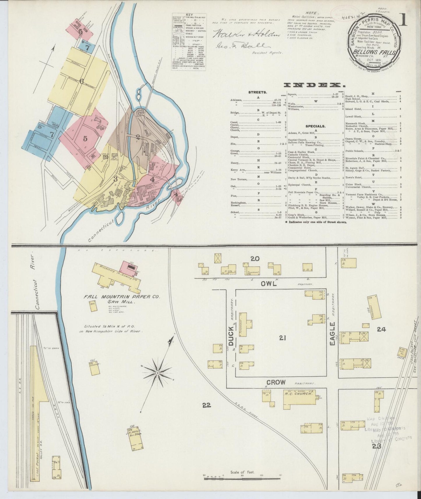 Sanborn Fire Insurance Map from Bellows Falls, Windham County, Vermont (1891), Sheet #0001 - Complete Map Set gallery image, historic Sanborn map, vintage wall art, Vermont Vermont