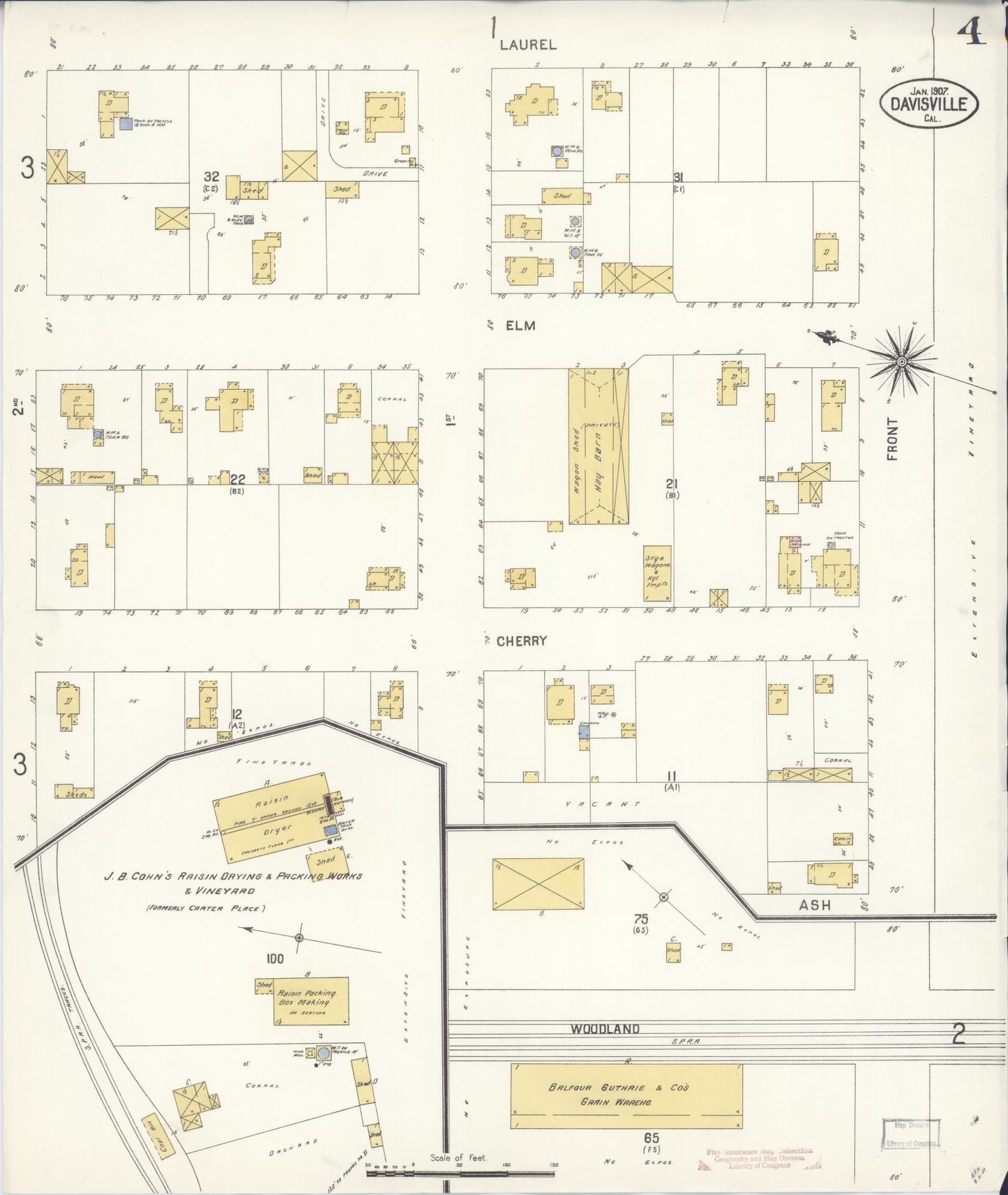 Sanborn Fire Insurance Map from Davis, Yolo County, California (1907), Sheet #0004 - Historic Sanborn Fire Insurance Map Print, vintage old map wall art, antique decor, genealogy gift, California California map
