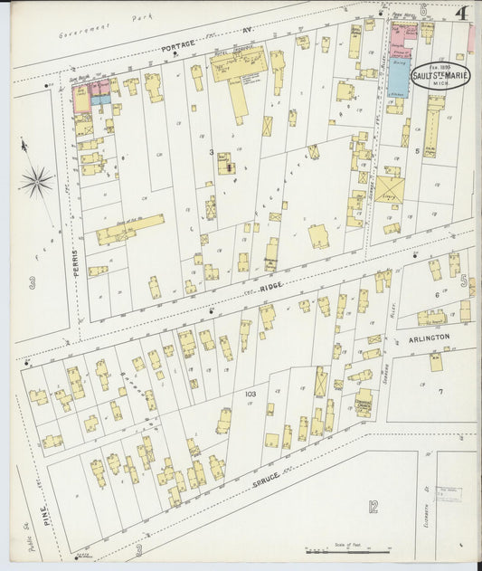 Sanborn Fire Insurance Map from Sault Sainte Marie, Chippewa County, Michigan (1895), Sheet #0004 - Historic Sanborn Fire Insurance Map Print, vintage old map wall art, antique decor, genealogy gift, Michigan Michigan map