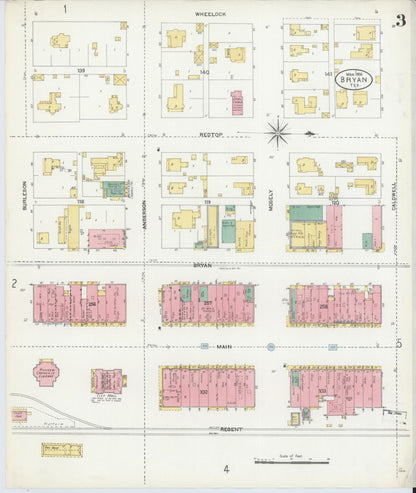 Sanborn Fire Insurance Map from Bryan, Brazos County, Texas (1906), Sheet #0003 - Historic Sanborn Fire Insurance Map Print, vintage old map wall art, antique decor, genealogy gift, Texas Texas map