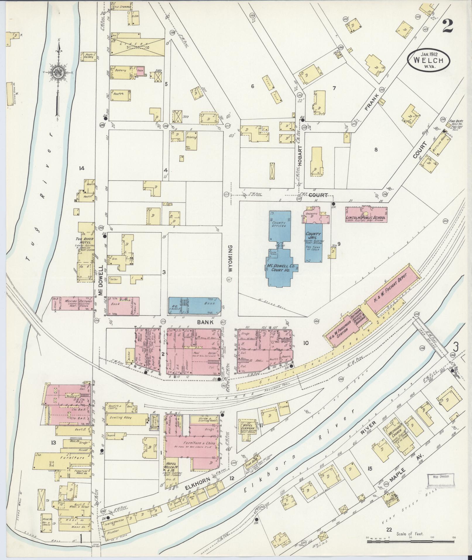 Sanborn Fire Insurance Map from Welch, Mcdowell County, West Virginia (1912), Sheet #0002 - Complete Map Set gallery image, historic Sanborn map, vintage wall art, West Virginia West Virginia