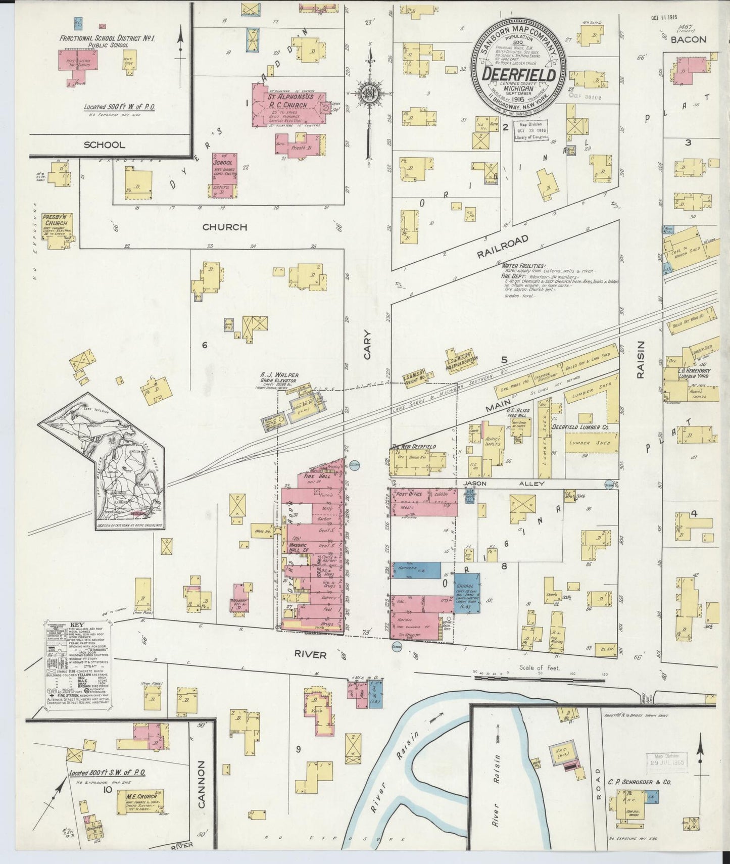Sanborn Fire Insurance Map from Deerfield, Lenawee County, Michigan (1916), Sheet #0001 - Historic Sanborn Fire Insurance Map Print, vintage old map wall art, antique decor, genealogy gift, Michigan Michigan map