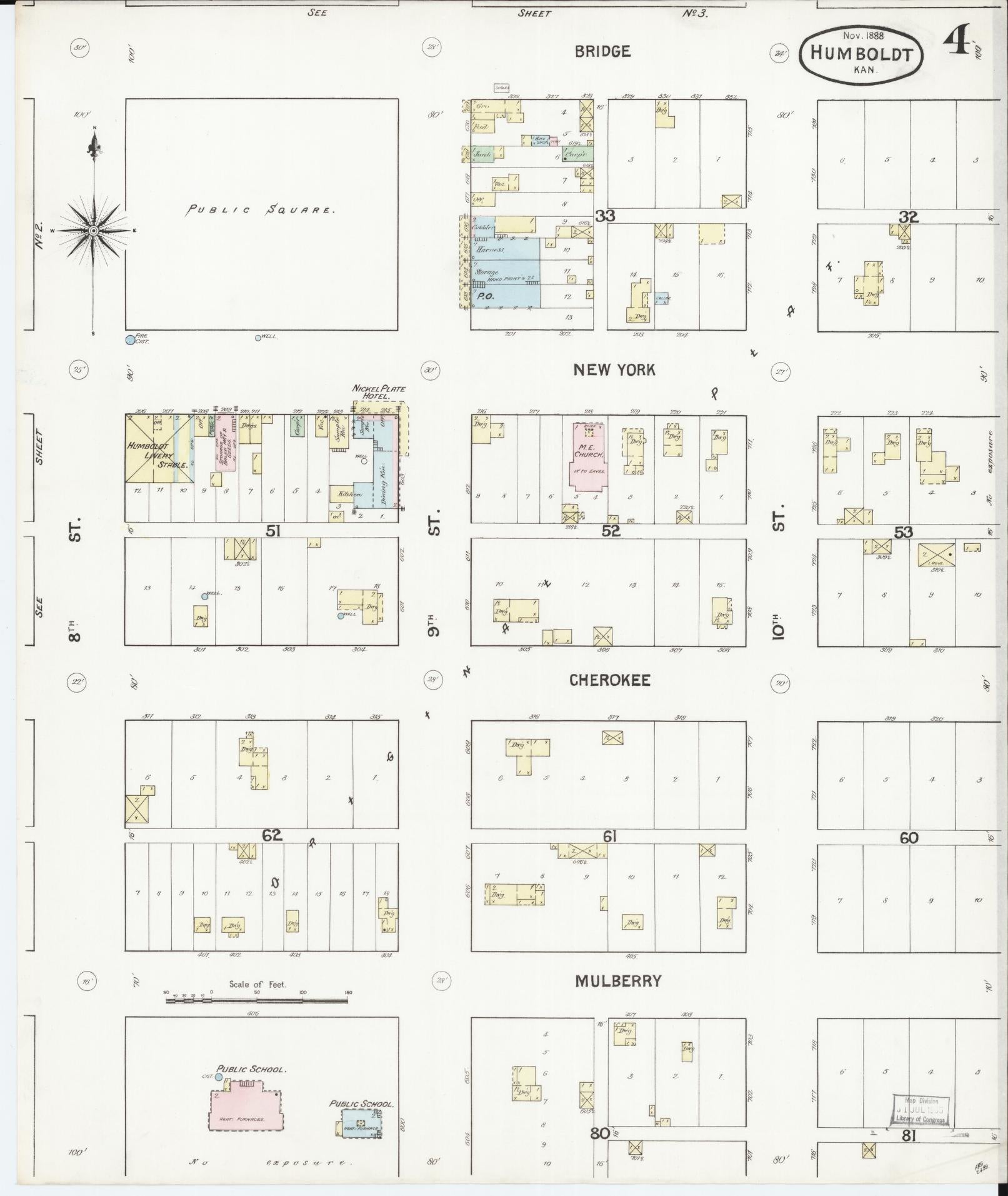 Sanborn Fire Insurance Map from Humboldt, Allen County, Kansas (1888), Sheet #0004 - Historic Sanborn Fire Insurance Map Print, vintage old map wall art, antique decor, genealogy gift, Kansas Kansas map