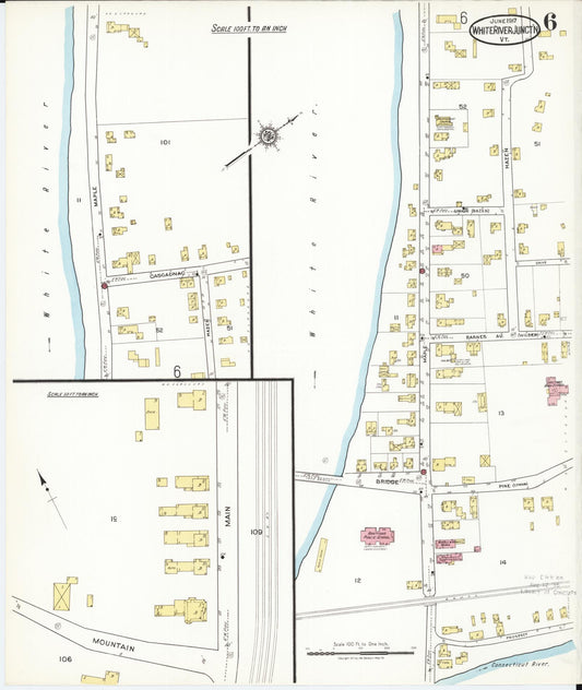Sanborn Fire Insurance Map from White River Junction, Windsor County, Vermont (1917), Sheet #0006 - Historic Sanborn Fire Insurance Map Print, vintage old map wall art, antique decor, genealogy gift, Vermont Vermont map