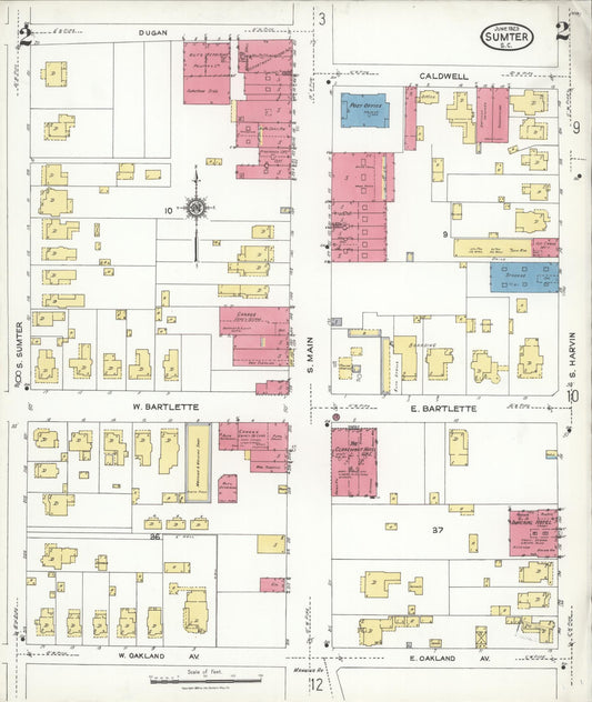 Sanborn Fire Insurance Map from Sumter, Sumter County, South Carolina (1923), Sheet #0002 - Historic Sanborn Fire Insurance Map Print, vintage old map wall art, antique decor, genealogy gift, South Carolina South Carolina map