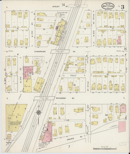 Sanborn Fire Insurance Map from Mattoon, Coles County, Illinois (1915), Sheet #0003 - Historic Sanborn Fire Insurance Map Print, vintage old map wall art, antique decor, genealogy gift, Illinois Illinois map