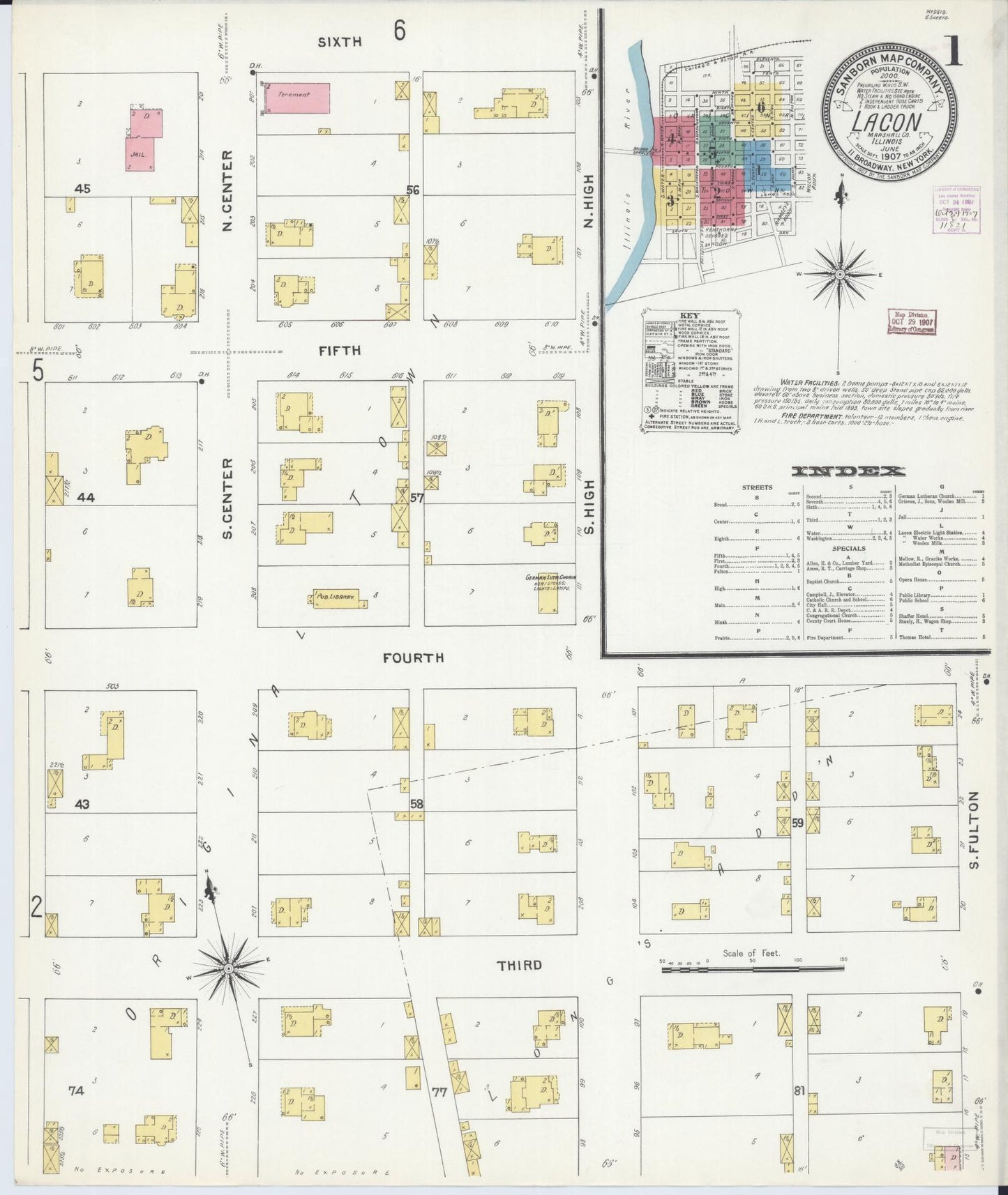 Sanborn Fire Insurance Map from Lacon, Marshall County, Illinois (1907), Sheet #0001 - Historic Sanborn Fire Insurance Map Print, vintage old map wall art, antique decor, genealogy gift, Illinois Illinois map
