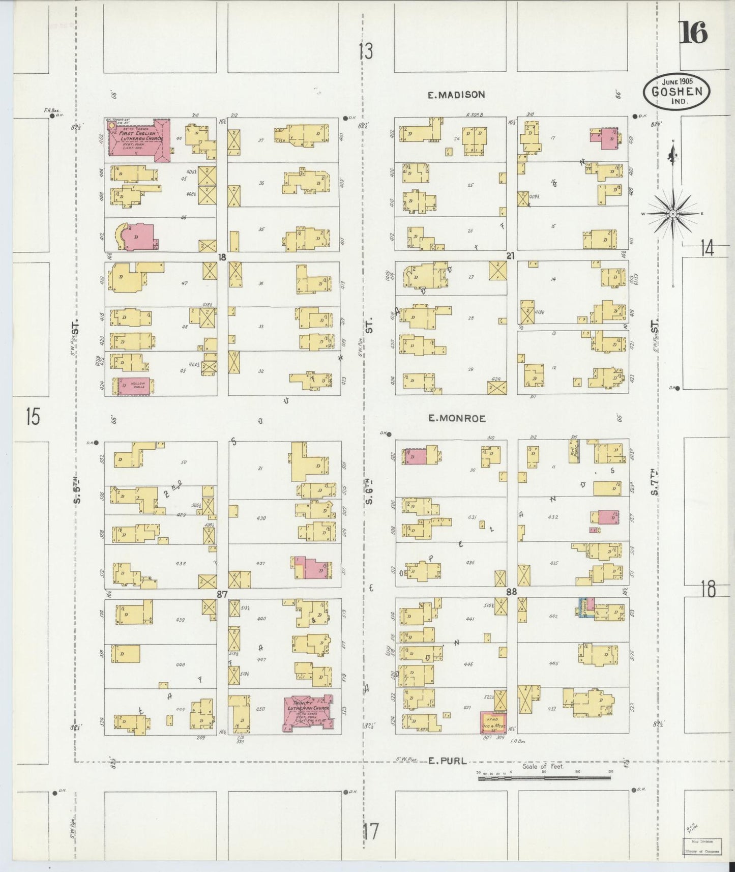 Sanborn Fire Insurance Map from Goshen, Elkhart County, Indiana (1905), Sheet #0016 - Complete Map Set gallery image, historic Sanborn map, vintage wall art, Indiana Indiana