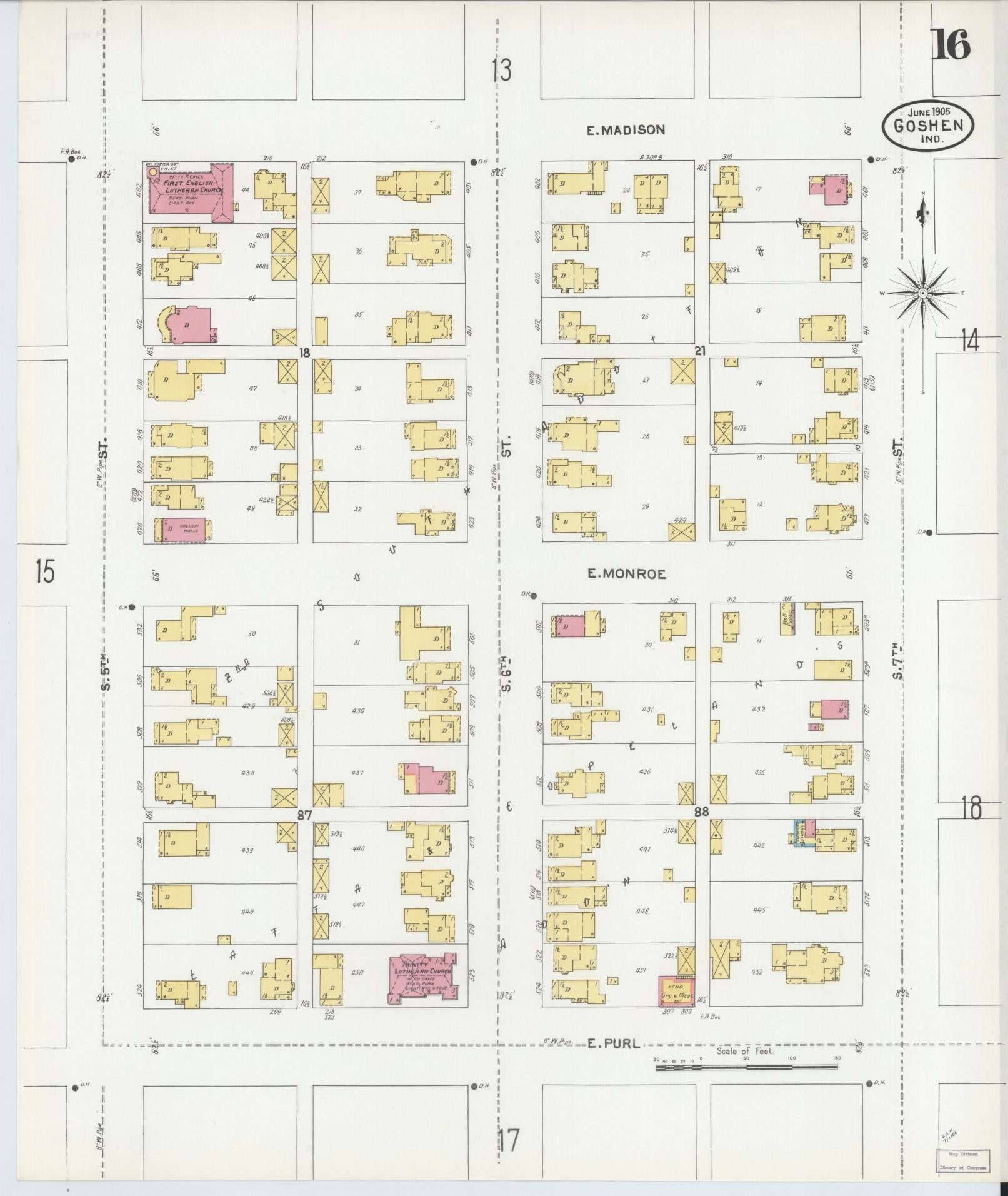 Sanborn Fire Insurance Map from Goshen, Elkhart County, Indiana (1905), Sheet #0016 - Complete Map Set gallery image, historic Sanborn map, vintage wall art, Indiana Indiana