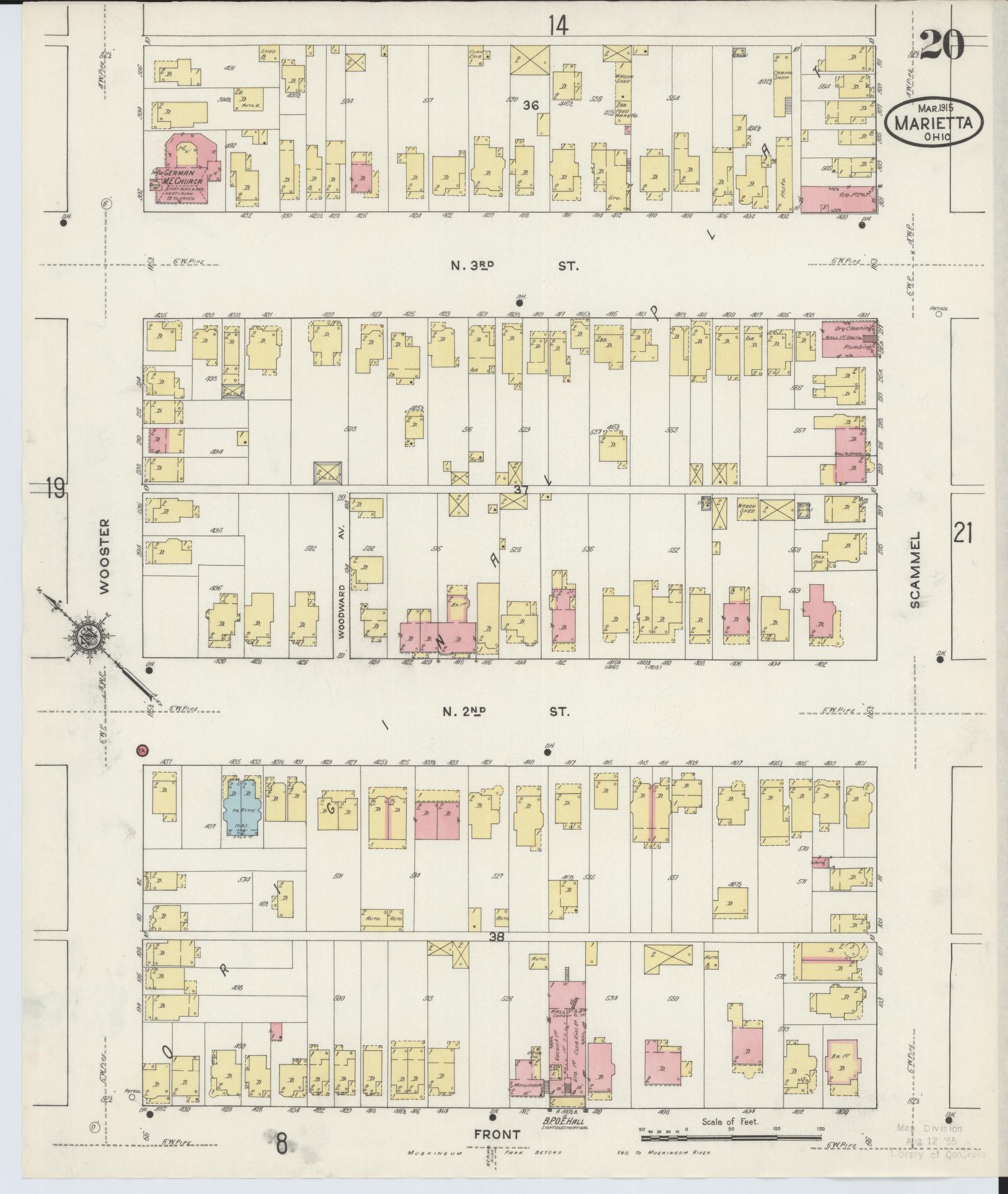 Sanborn Fire Insurance Map from Marietta, Washington County, Ohio (1915), Sheet #0020 - Historic Sanborn Fire Insurance Map Print, vintage old map wall art, antique decor, genealogy gift, Ohio Ohio map