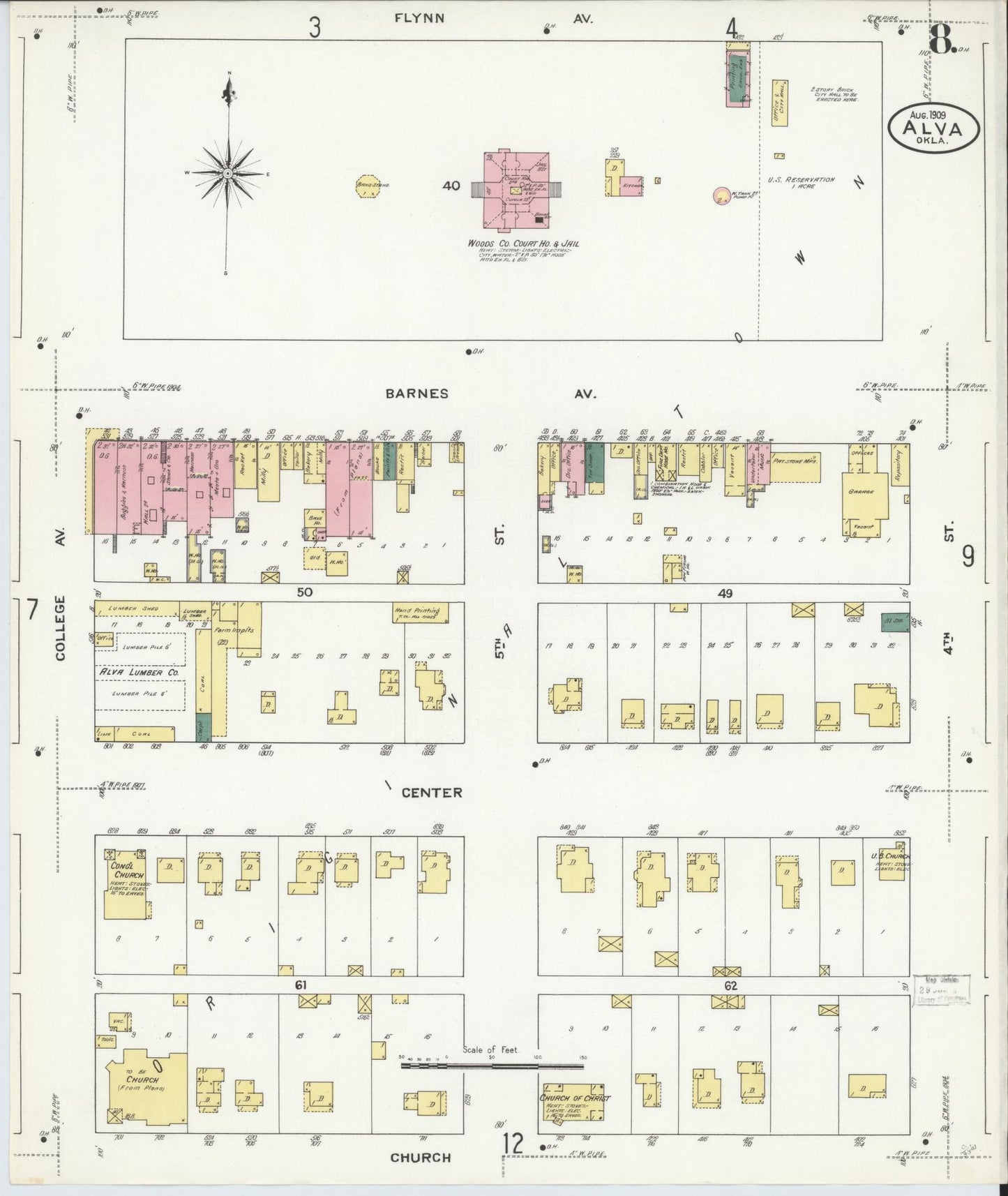 Sanborn Fire Insurance Map from Alva, Woods County, Oklahoma (1909), Sheet #0008 - Historic Sanborn Fire Insurance Map Print, vintage old map wall art, antique decor, genealogy gift, Oklahoma Oklahoma map