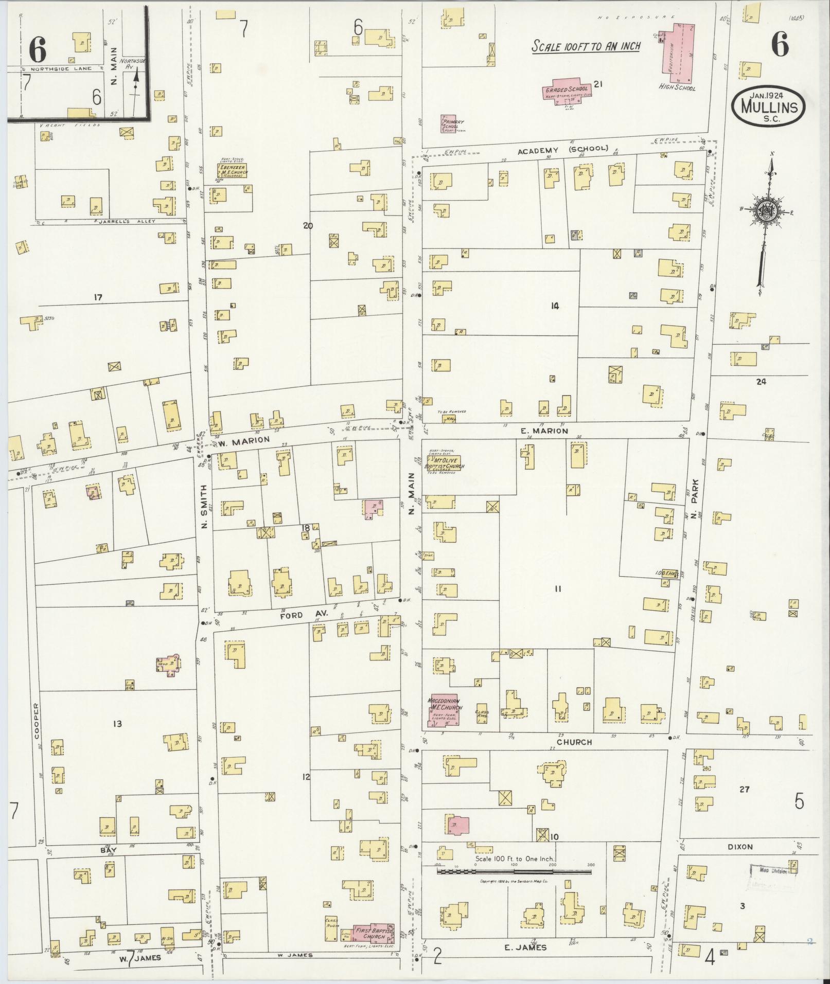 Sanborn Fire Insurance Map from Mullins, Marion County, South Carolina (1924), Sheet #0006 - Complete Map Set gallery image, historic Sanborn map, vintage wall art, South Carolina South Carolina
