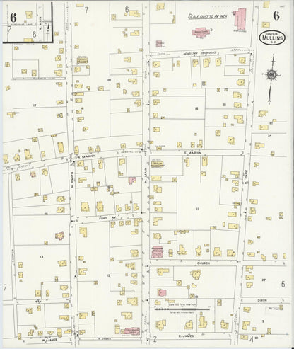 Sanborn Fire Insurance Map from Mullins, Marion County, South Carolina (1924), Sheet #0006 - Complete Map Set gallery image, historic Sanborn map, vintage wall art, South Carolina South Carolina