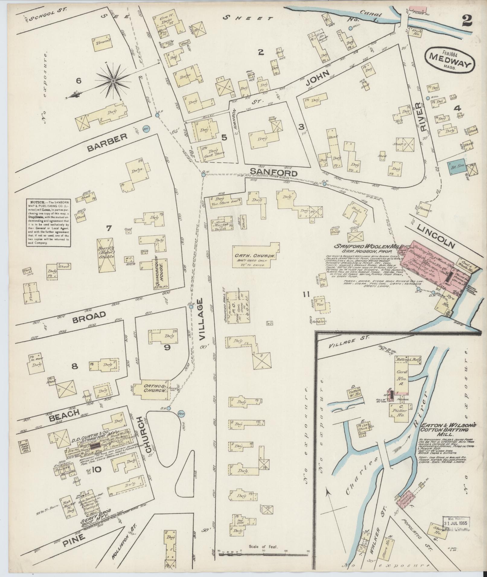 Sanborn Fire Insurance Map from Medway, Norfolk County, Massachusetts (1884), Sheet #0002 - Historic Sanborn Fire Insurance Map Print, vintage old map wall art, antique decor, genealogy gift, Massachusetts Massachusetts map