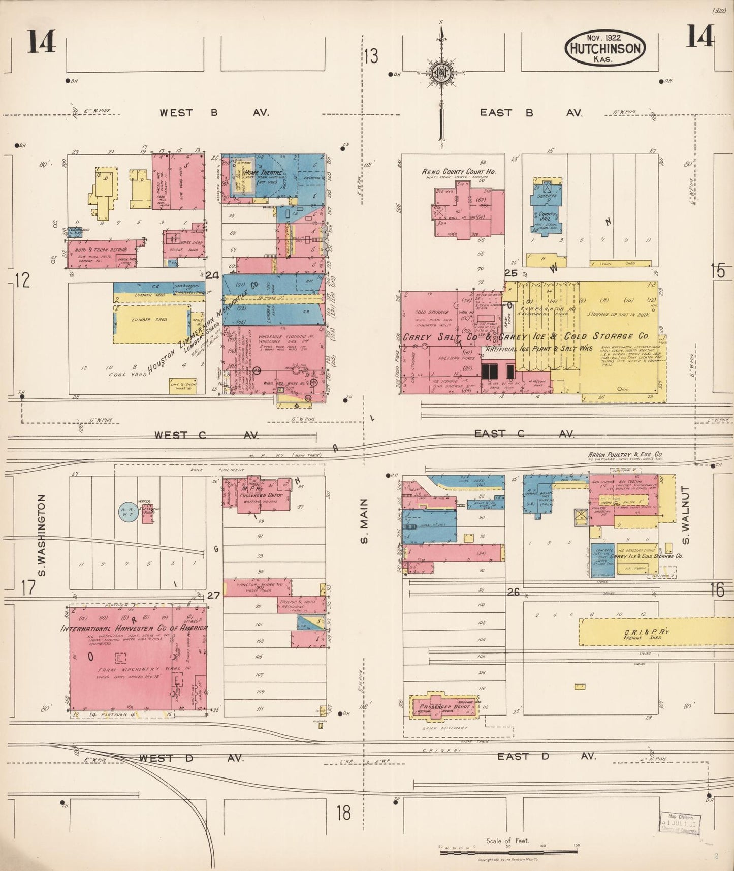 Sanborn Fire Insurance Map from Hutchinson, Reno County, Kansas (1922), Sheet #0015 - Historic Sanborn Fire Insurance Map Print, vintage old map wall art, antique decor, genealogy gift, Kansas Kansas map