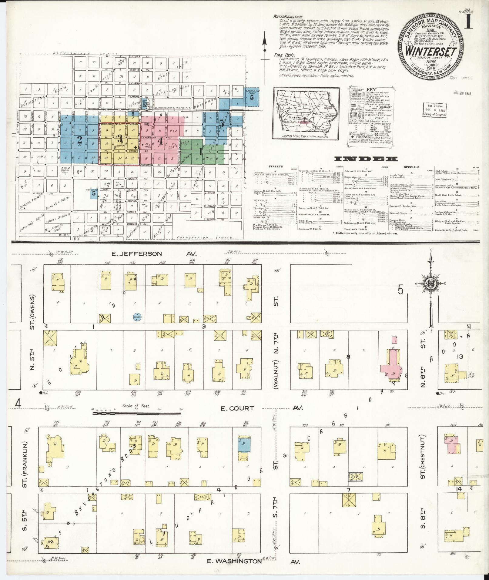 Sanborn Fire Insurance Map from Winterset, Madison County, Iowa (1916), Sheet #0001 - Historic Sanborn Fire Insurance Map Print, vintage old map wall art