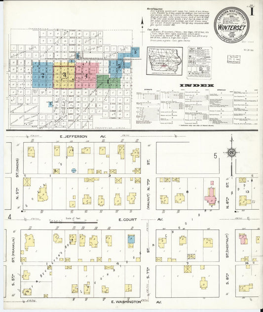 Sanborn Fire Insurance Map from Winterset, Madison County, Iowa (1916), Sheet #0001 - Historic Sanborn Fire Insurance Map Print, vintage old map wall art