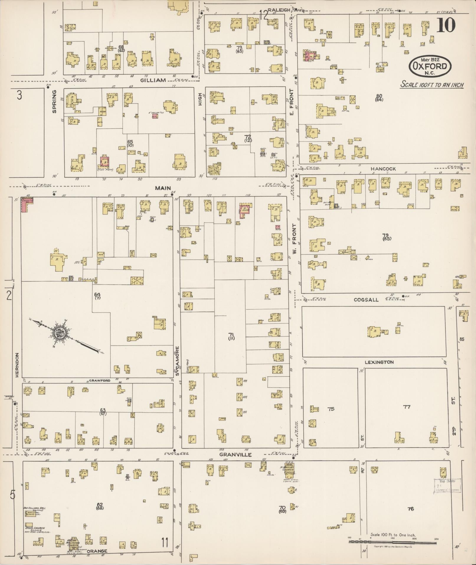 Sanborn Fire Insurance Map from Oxford, Granville County, North Carolina (1922), Sheet #0010 - Complete Map Set gallery image, historic Sanborn map, vintage wall art, North Carolina North Carolina