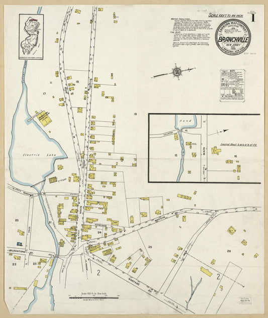 Sanborn Fire Insurance Map from Branchville, Sussex County, New Jersey (1920), Sheet #0001 - Historic Sanborn Fire Insurance Map Print, vintage old map wall art, antique decor, genealogy gift, New Jersey New Jersey map