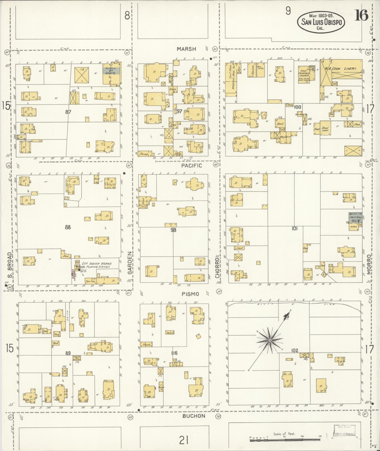Sanborn Fire Insurance Map from San Luis Obispo, San Luis Obispo County, California (1905), Sheet #0016 - Complete Map Set gallery image, historic Sanborn map, vintage wall art, California California