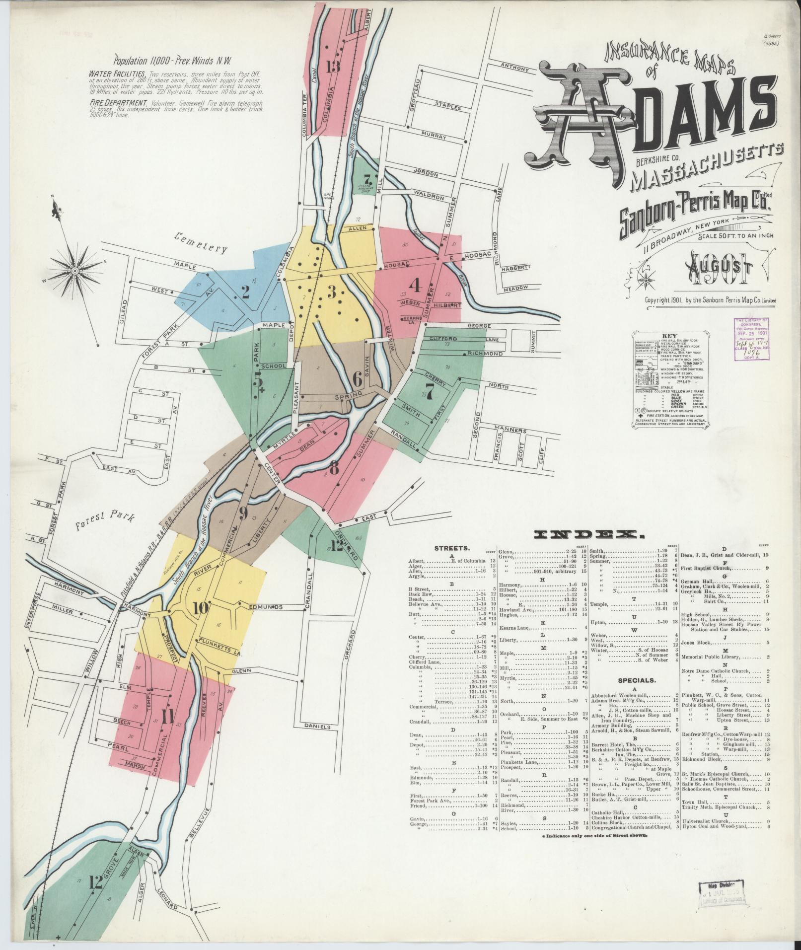 Sanborn Fire Insurance Map from Adams, Berkshire County, Massachusetts (1901), Sheet #0001 - Historic Sanborn Fire Insurance Map Print, vintage old map wall art, antique decor, genealogy gift, Massachusetts Massachusetts map