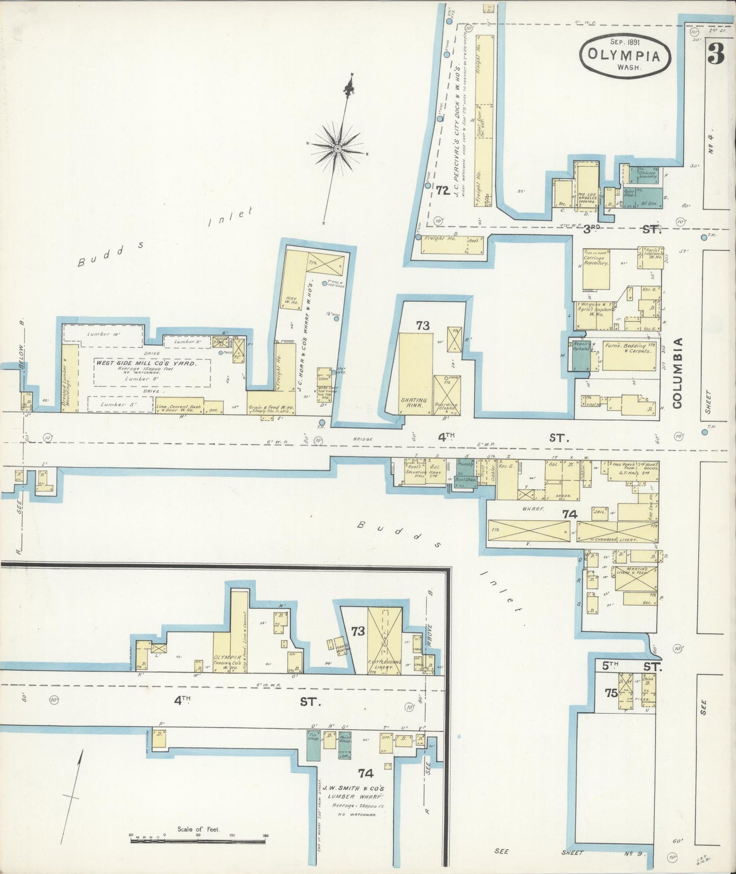 Sanborn Fire Insurance Map from Olympia, Thurston County, Washington (1891), Sheet #0003 - Historic Sanborn Fire Insurance Map Print, vintage old map wall art, antique decor, genealogy gift, Washington Washington map