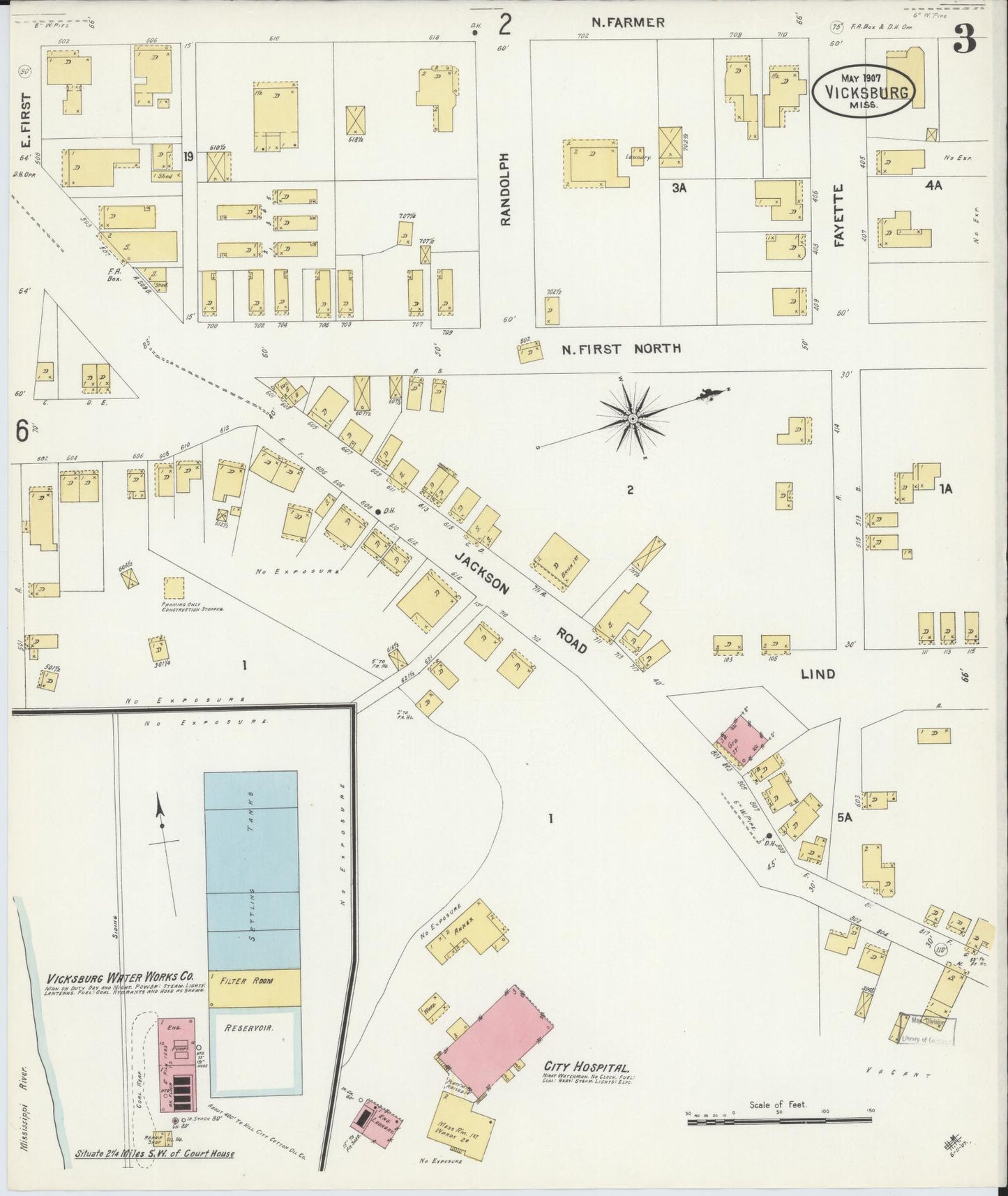 Sanborn Fire Insurance Map from Vicksburg, Warren County, Mississippi (1907), Sheet #0003 - Historic Sanborn Fire Insurance Map Print, vintage old map wall art, antique decor, genealogy gift, Mississippi Mississippi map