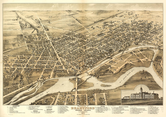 Bird's eye view of Brantford, province Ontario, Canada 1875. (1875) – Historic Bird’s-Eye View Panorama Print