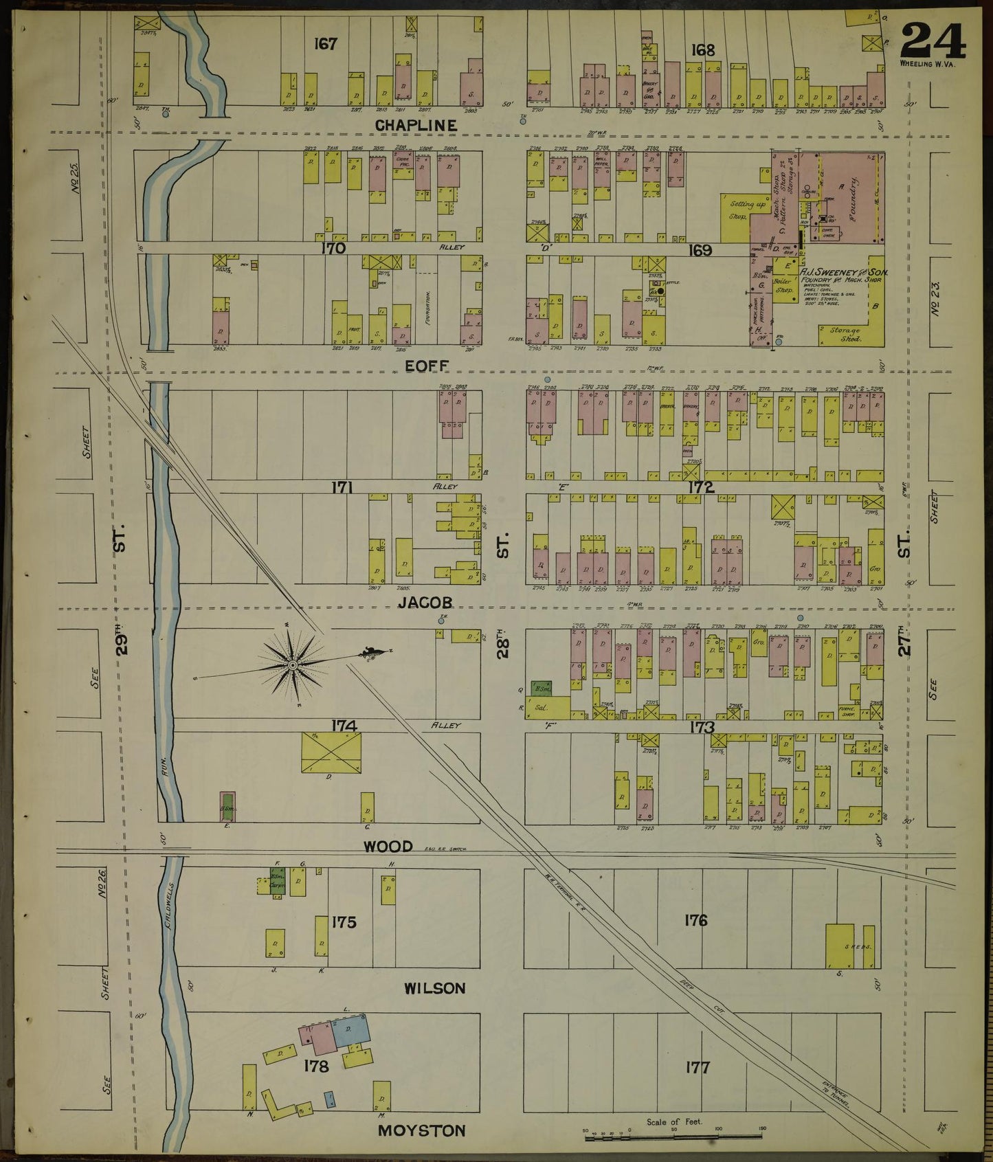 Sanborn Fire Insurance Map from Wheeling, Ohio County, West Virginia (1890), Sheet #0024 - Historic Sanborn Fire Insurance Map Print, vintage old map wall art, antique decor, genealogy gift, West Virginia West Virginia map