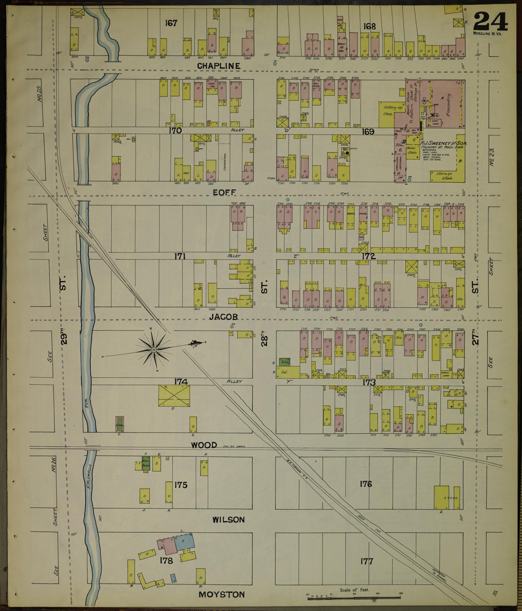Sanborn Fire Insurance Map from Wheeling, Ohio County, West Virginia (1890), Sheet #0024 - Historic Sanborn Fire Insurance Map Print, vintage old map wall art, antique decor, genealogy gift, West Virginia West Virginia map