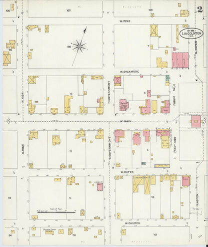 Sanborn Fire Insurance Map from Lincolnton, Lincoln County, North Carolina (1906), Sheet #0002 - Complete Map Set gallery image, historic Sanborn map, vintage wall art, North Carolina North Carolina