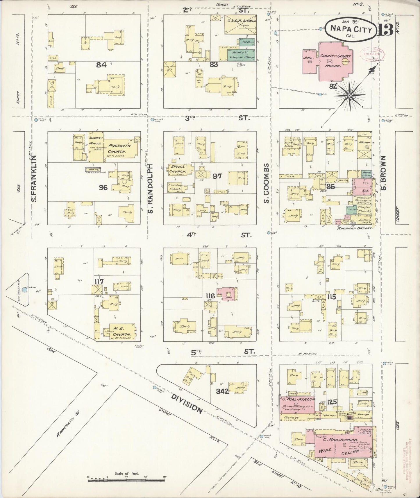 Sanborn Fire Insurance Map from Napa, Napa County, California (1891), Sheet #0013 - Complete Map Set gallery image, historic Sanborn map, vintage wall art, California California