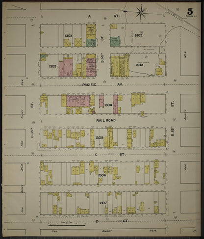 Sanborn Fire Insurance Map from Tacoma, Pierce County, Washington (1888), Sheet #0005 - Complete Map Set gallery image, historic Sanborn map, vintage wall art, Washington Washington