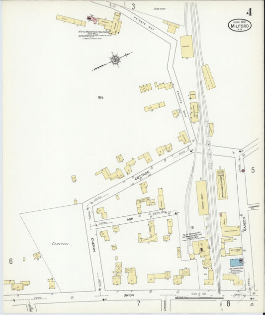 Sanborn Fire Insurance Map from Milford, Hillsborough County, New Hampshire (1912), Sheet #0004 - Historic Sanborn Fire Insurance Map Print, vintage old map wall art, antique decor, genealogy gift, New Hampshire New Hampshire map