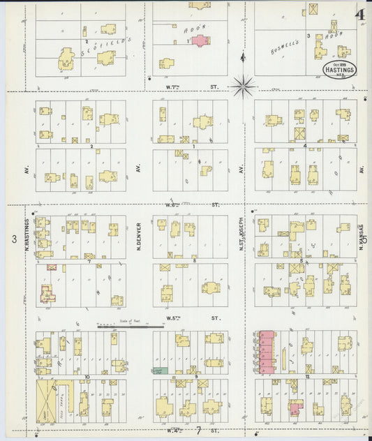 Sanborn Fire Insurance Map from Hastings, Adams County, Nebraska (1899), Sheet #0004 - Historic Sanborn Fire Insurance Map Print, vintage old map wall art, antique decor, genealogy gift, Nebraska Nebraska map