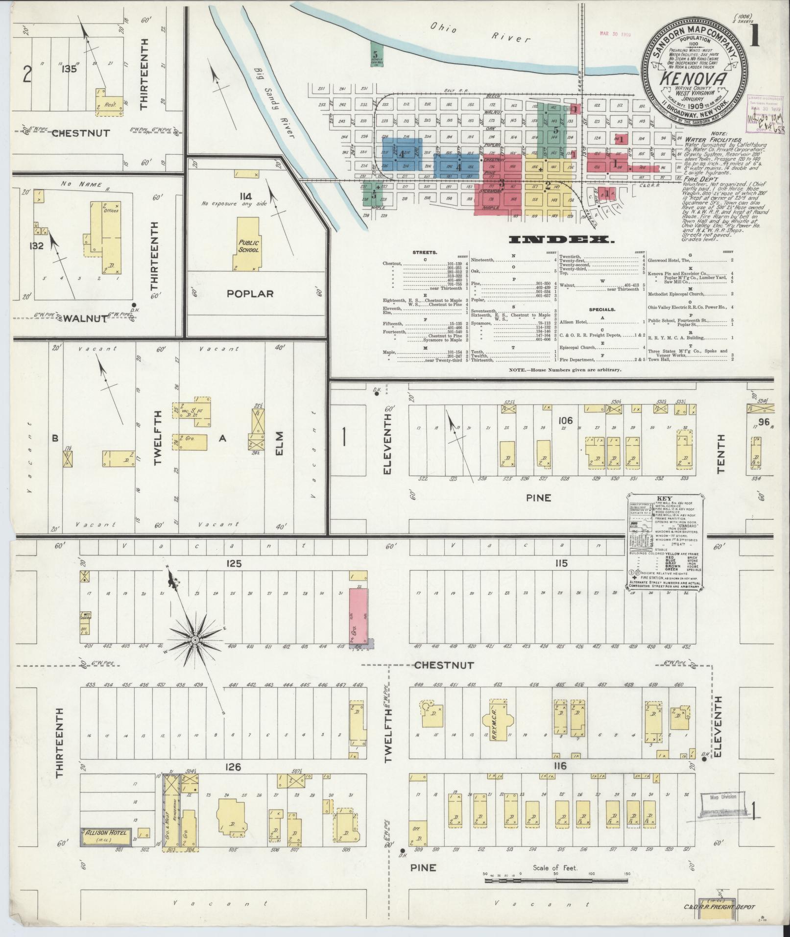 Sanborn Fire Insurance Map from Kenova, Wayne County, West Virginia (1909), Sheet #0001 - Historic Sanborn Fire Insurance Map Print, vintage old map wall art, antique decor, genealogy gift, West Virginia West Virginia map