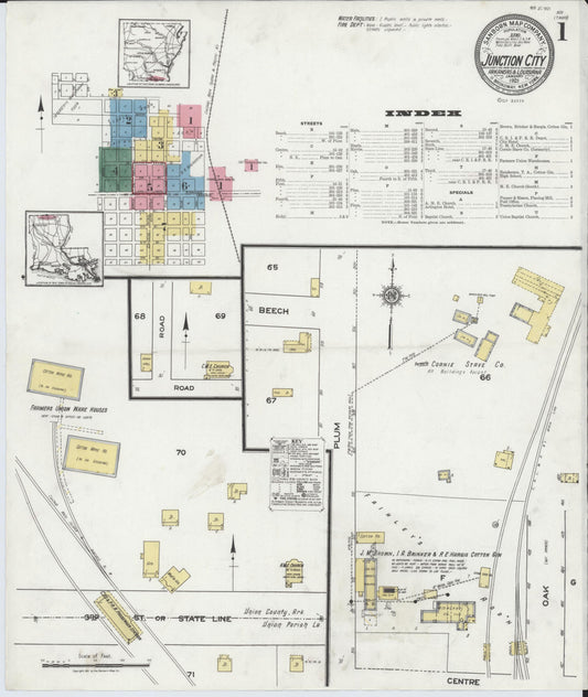 Sanborn Fire Insurance Map from Junction City, Union County, Arkansas (1921), Sheet #0001 - Complete Map Set gallery image, historic Sanborn map, vintage wall art, Arkansas Arkansas