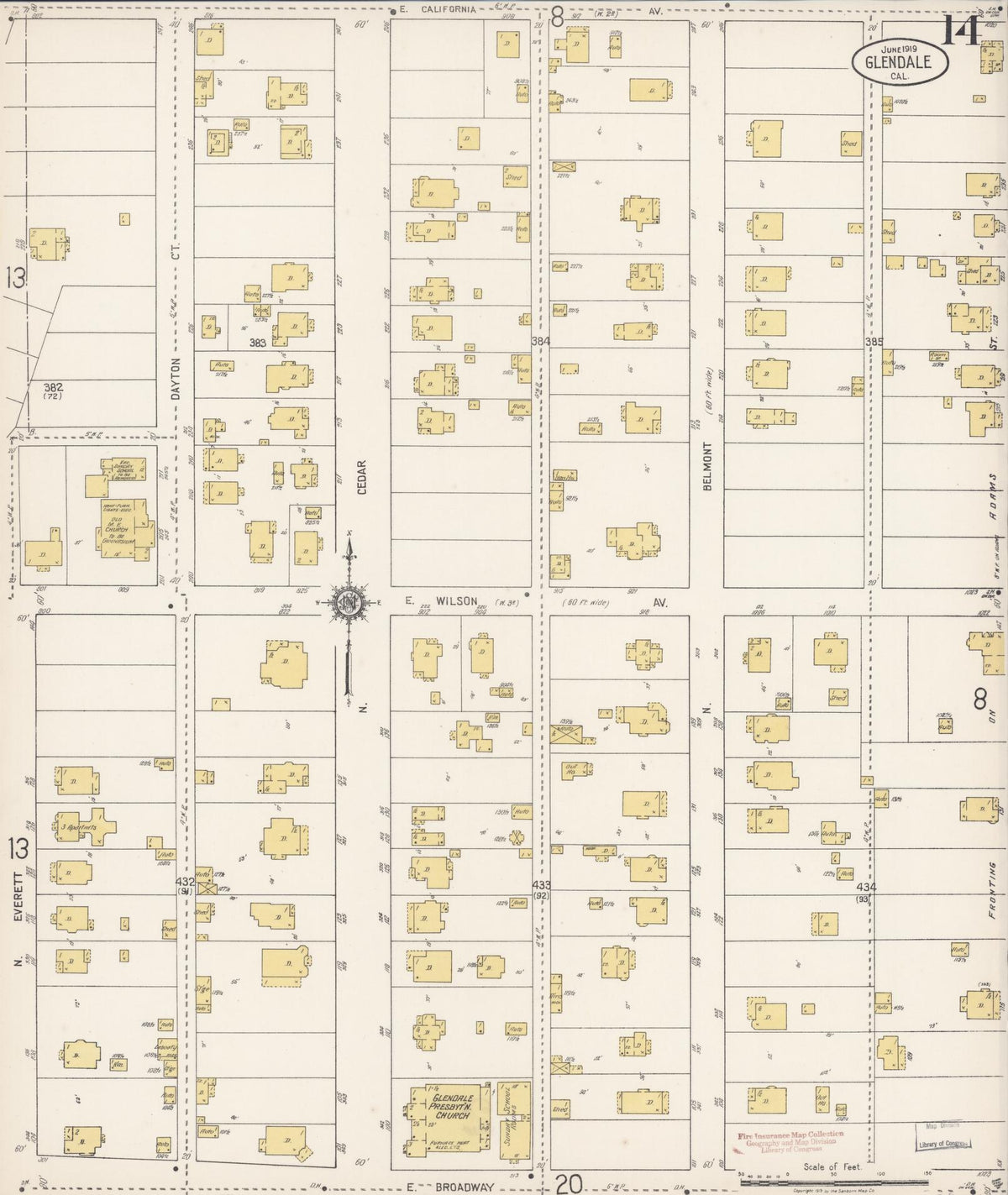 Sanborn Fire Insurance Map from Glendale, Los Angeles County, California (1919), Sheet #0014 - Complete Map Set gallery image, historic Sanborn map, vintage wall art, California California