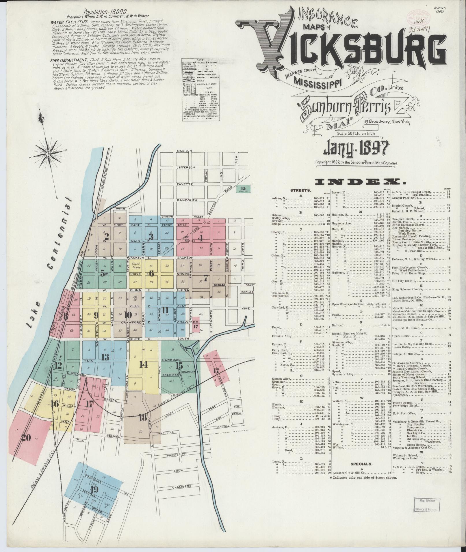 Sanborn Fire Insurance Map from Vicksburg, Warren County, Mississippi (1897), Sheet #0001 - Complete Map Set gallery image, historic Sanborn map, vintage wall art, Mississippi Mississippi