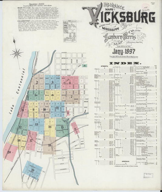 Sanborn Fire Insurance Map from Vicksburg, Warren County, Mississippi (1897), Sheet #0001 - Complete Map Set gallery image, historic Sanborn map, vintage wall art, Mississippi Mississippi