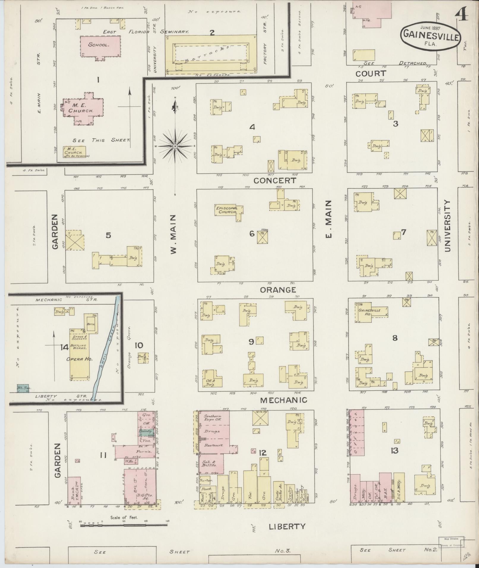 Sanborn Fire Insurance Map from Gainesville, Alachua County, Florida (1887), Sheet #0004 - Complete Map Set gallery image, historic Sanborn map, vintage wall art, Florida Florida