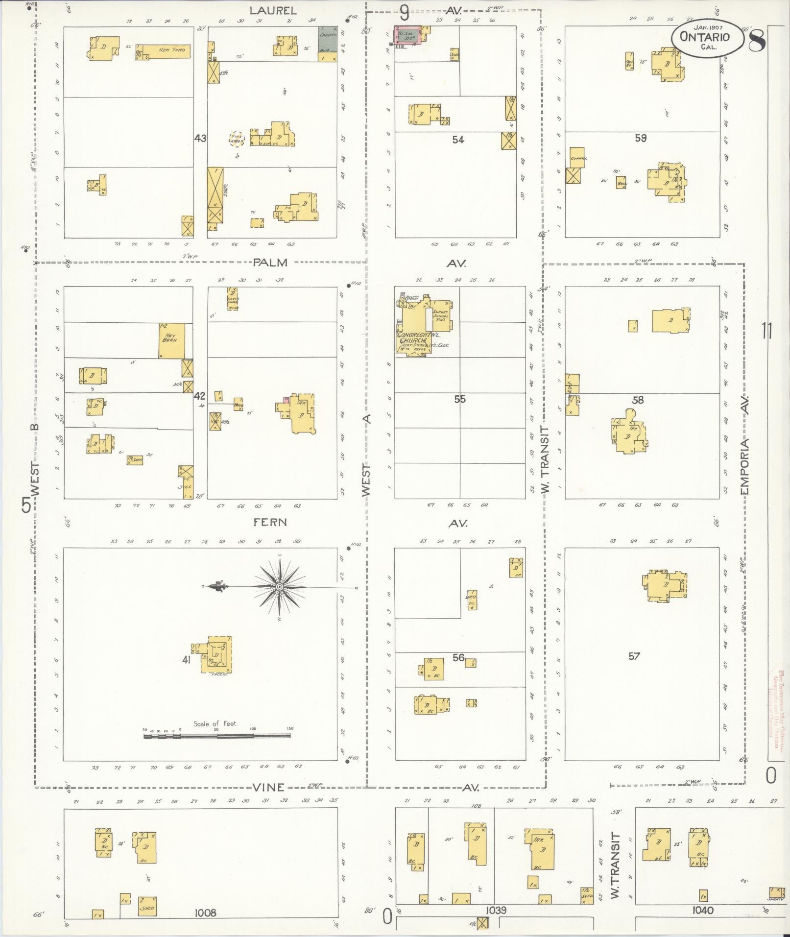 Sanborn Fire Insurance Map from Ontario, San Bernardino County, California (1907), Sheet #0008 - Historic Sanborn Fire Insurance Map Print, vintage old map wall art, antique decor, genealogy gift, California California map