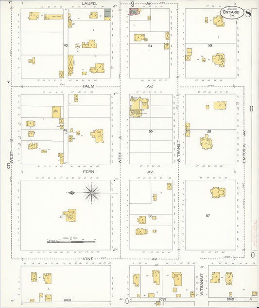 Sanborn Fire Insurance Map from Ontario, San Bernardino County, California (1907), Sheet #0008 - Historic Sanborn Fire Insurance Map Print, vintage old map wall art, antique decor, genealogy gift, California California map