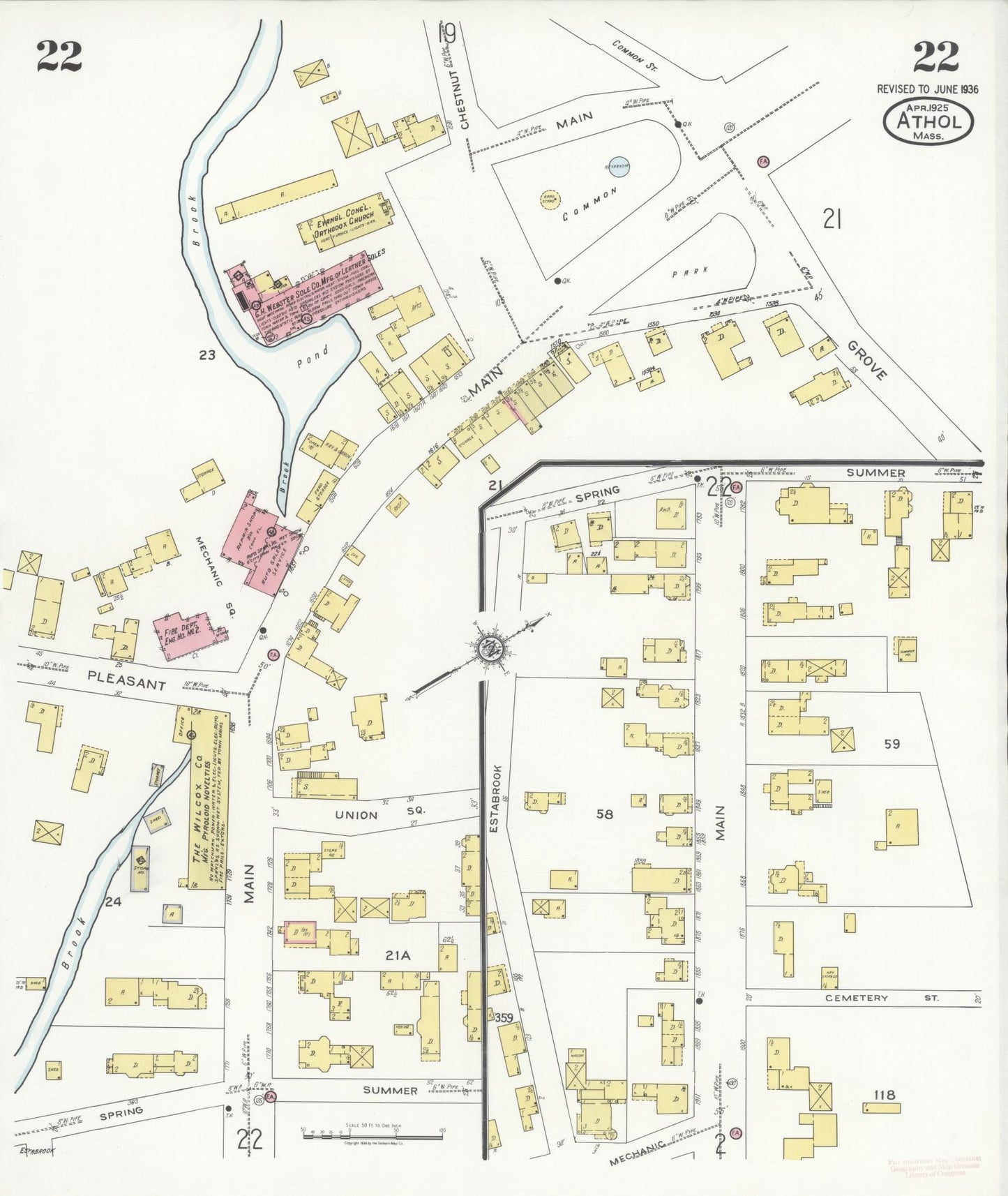 Sanborn Fire Insurance Map from Athol, Worcester County, Massachusetts (1936), Sheet #0022 - Complete Map Set gallery image, historic Sanborn map, vintage wall art, Massachusetts Massachusetts