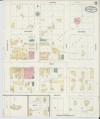 Sanborn Fire Insurance Map from Carson City, Montcalm County, Michigan (1894), Sheet #0002 - Historic Sanborn Fire Insurance Map Print, vintage old map wall art, antique decor, genealogy gift, Michigan Michigan map